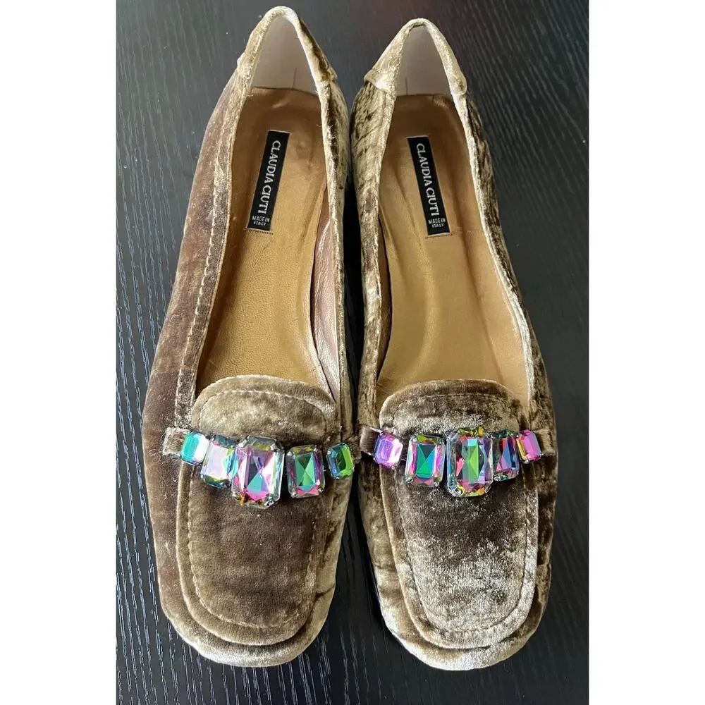 Stunning Claudia Ciuti Velvet Loafers with Faux Alexandrite Jeweled Accents